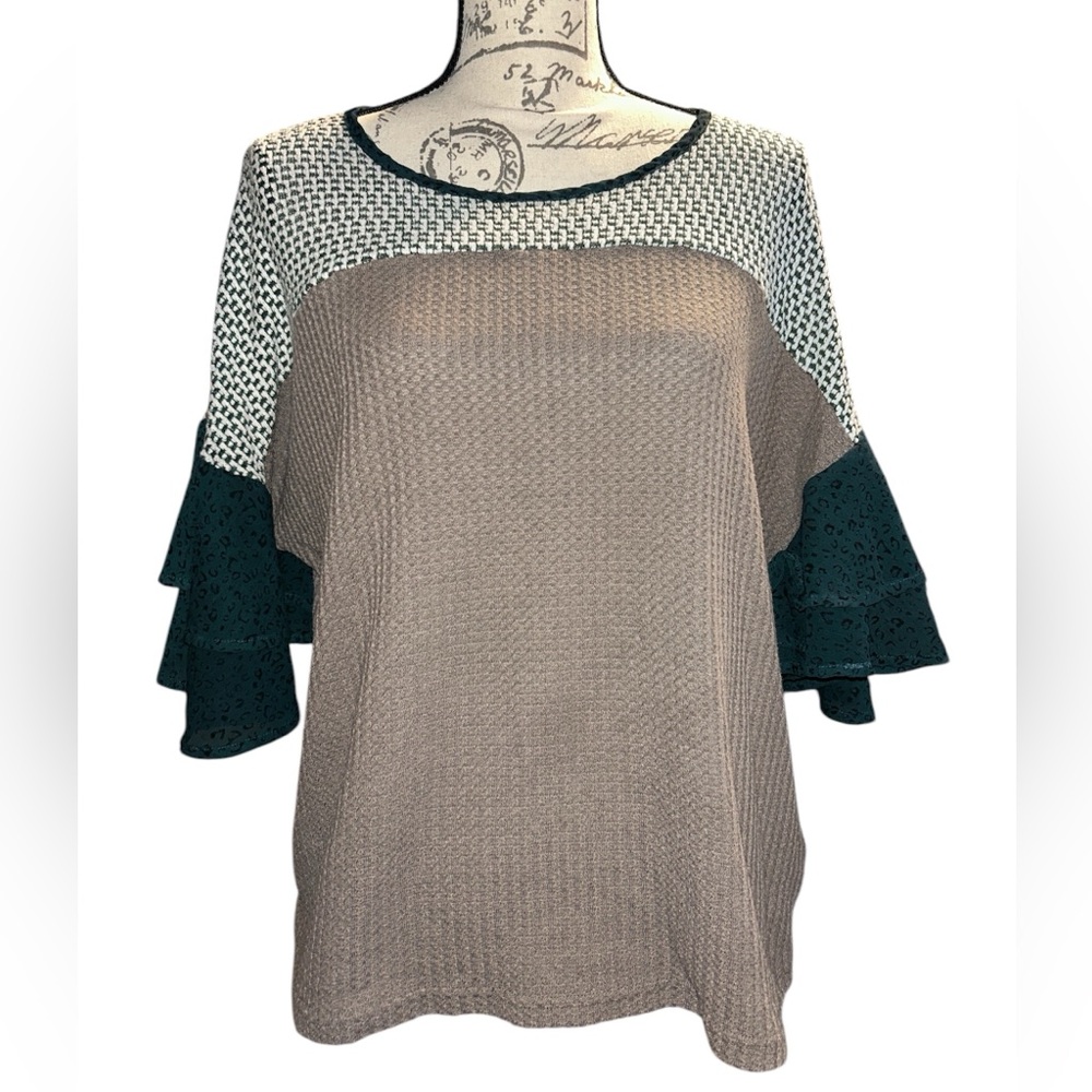 Chic Tan and Green Blouse with Ruffle Sleeves